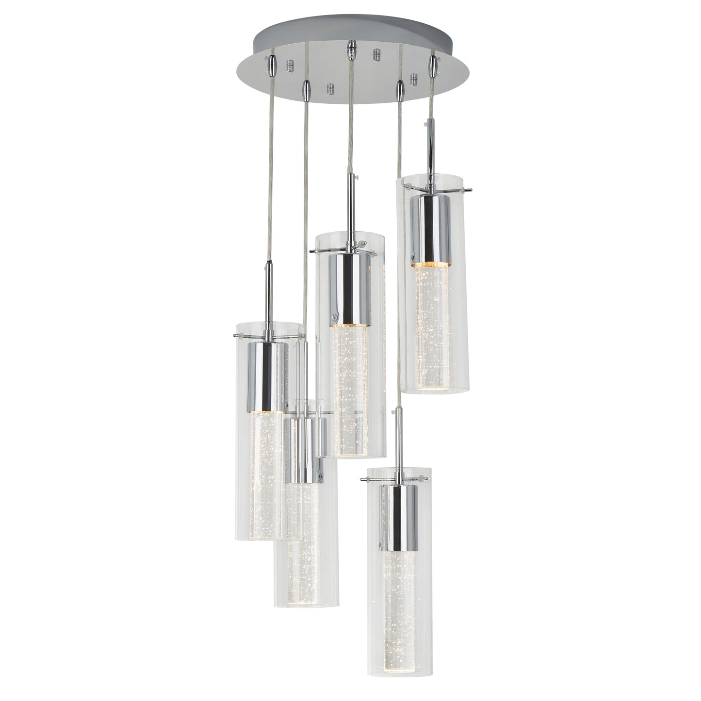 The Artika Bubble Swirl 5-light pendant features five cylindrical glass and chrome fixtures suspended at different heights from a round chrome base, creating a modern ceiling centerpiece.