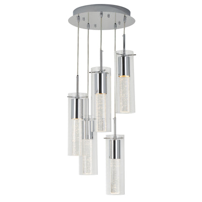 The Artika Bubble Swirl 5-light pendant features five cylindrical glass and chrome fixtures suspended at different heights from a round chrome base, creating a modern ceiling centerpiece.
