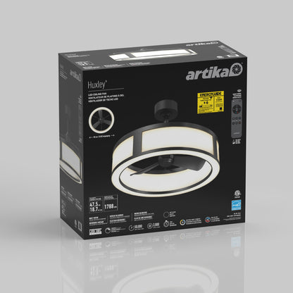 Box of the Artika Huxley 23 in. LED modern ceiling fan, 3 speeds, displays product image, energy guide label, remote control, and specifications on a gray background.