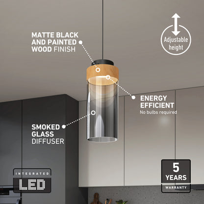 The Artika Hanson 1-light LED pendant features a matte black and painted wood finish, smoked glass diffuser, 5 selectable color temperatures, adjustable height, integrated LED, 5-year warranty—perfect in a modern kitchen.