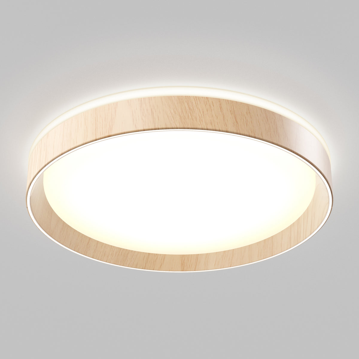A modern, circular ceiling light with a wooden rim and a bright white diffuser, mounted on a plain light gray ceiling.