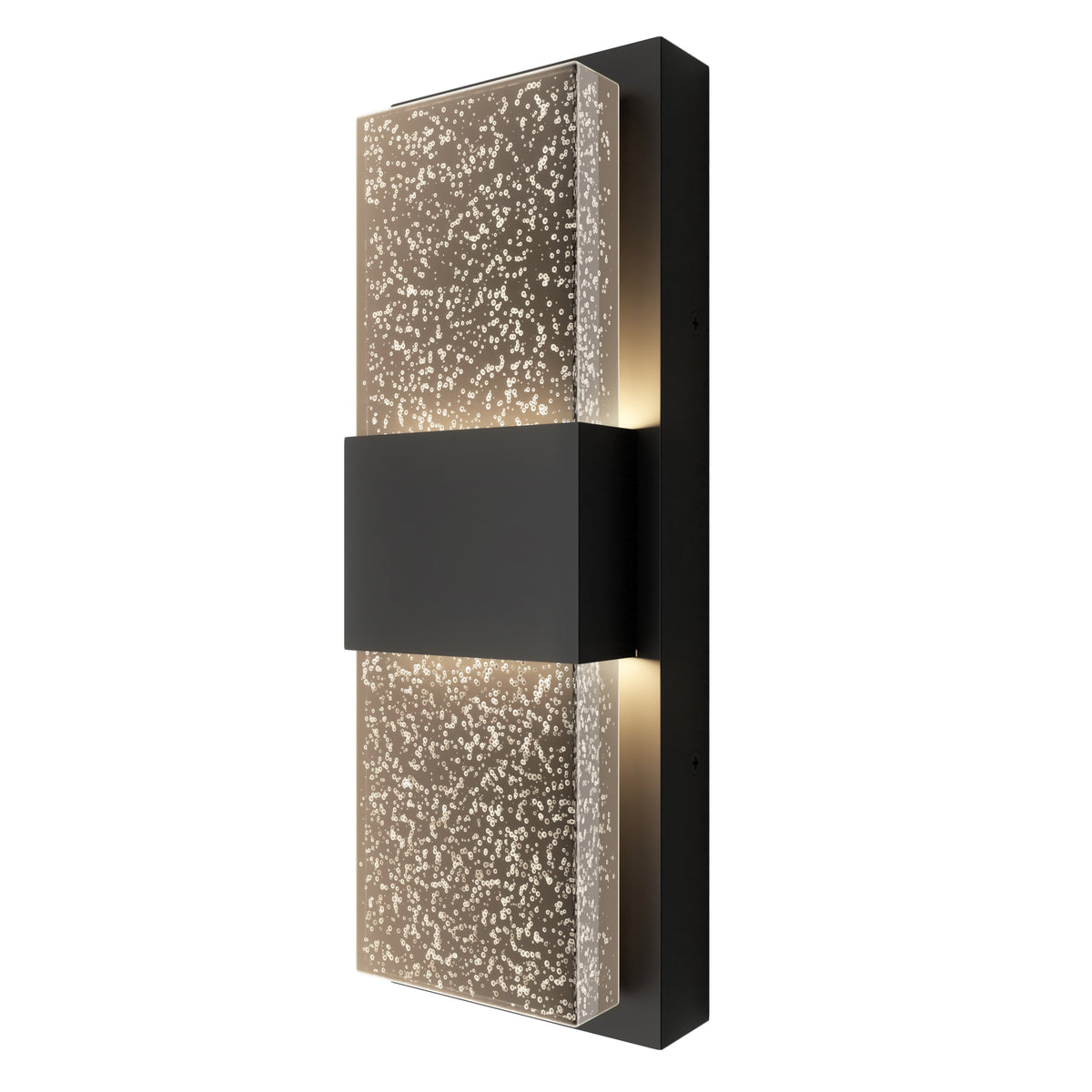 The Artika Mazza Bubble indoor-outdoor LED wall light features a modern rectangular design with a black center band and textured, speckled glass panels on the top and bottom, softly illuminated from within.
