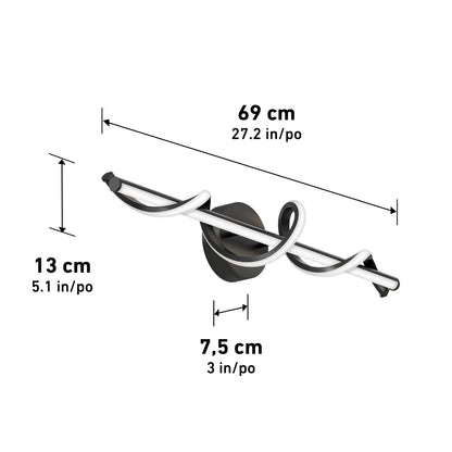 The Artika Coda modern LED bathroom vanity light 5 CCT features a twisted design and measures 69 cm (27.2 in) wide, 13 cm (5.1 in) high, and 7.5 cm (3 in) deep.