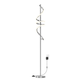 The Artika Coda modern LED floor lamp 5CCT features a spiral LED design, slim metallic stand, round base, and power cord for wall outlet use.
