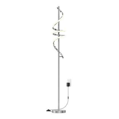 The Artika Coda modern LED floor lamp 5CCT features a spiral LED design, slim metallic stand, round base, and power cord for wall outlet use.