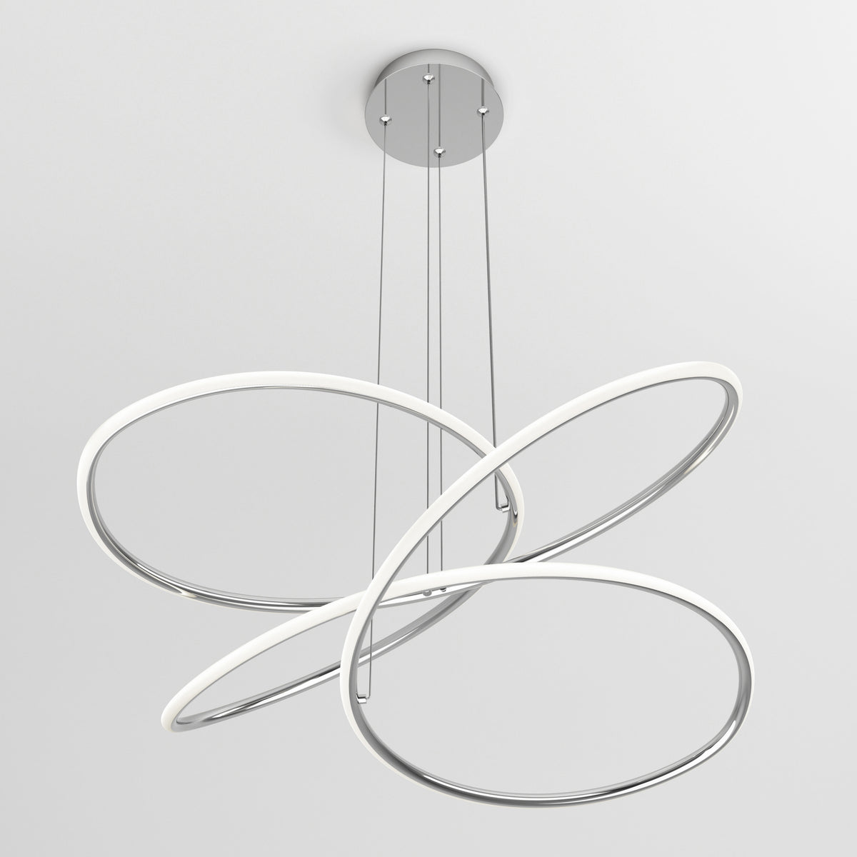 A modern ceiling light fixture with three intertwined, metallic and white LED rings suspended by thin cables from a round silver ceiling mount against a plain white background.
