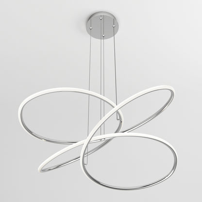 The Artika Swirl Butterfly LED contemporary pendant light features three intertwined chrome-finished rings with integrated LED strip lighting, suspended by wires from a round base; offers 3 CCT options.