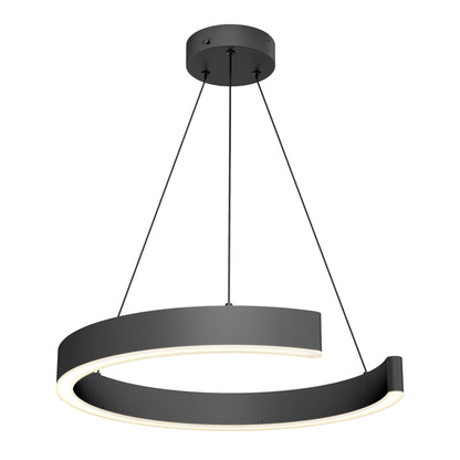 The Artika Vance modern LED pendant light 3 CCT features a circular matte black ring, partially open, with an integrated LED along the inner edge and is suspended by three slim cables for a sleek look.