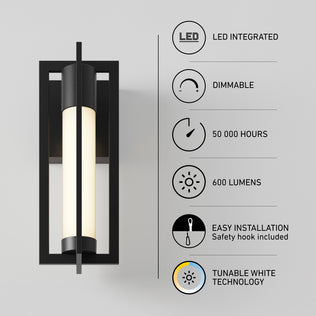 Artika Walt indoor-outdoor LED wall light: black rectangular fixture with icons for dimming, 50,000-hour life, 600 lumens, easy install, and tunable.