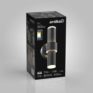 Box of the Artika Dani modern LED indoor-outdoor wall light 5 CCT, showing its black cylindrical fixture with dual-ended light, set against a gray background with product details and installation images visible.