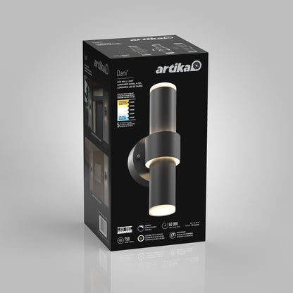 Box of the Artika Dani modern LED indoor-outdoor wall light 5 CCT, showing its black cylindrical fixture with dual-ended light, set against a gray background with product details and installation images visible.