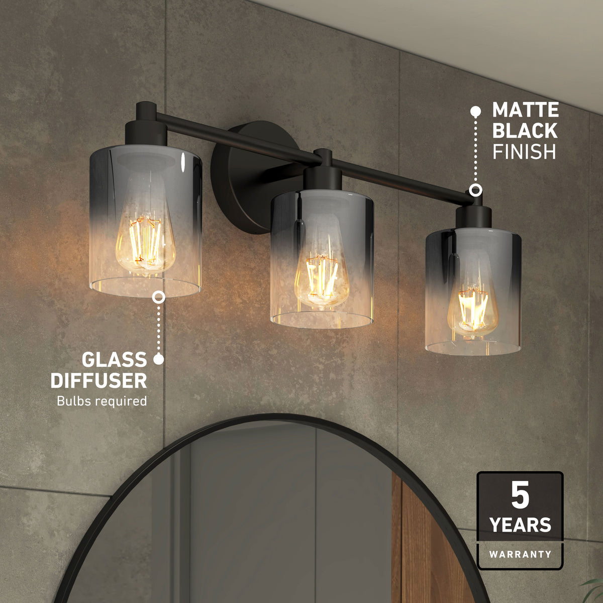 Artika Haze 25-in 3-light LED vanity, matte black, glass diffusers—ideal for bathrooms. Includes 5-year warranty.