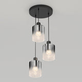 A modern ceiling light fixture with three exposed light bulbs, each encased in a cylindrical glass shade, suspended from a round black base.