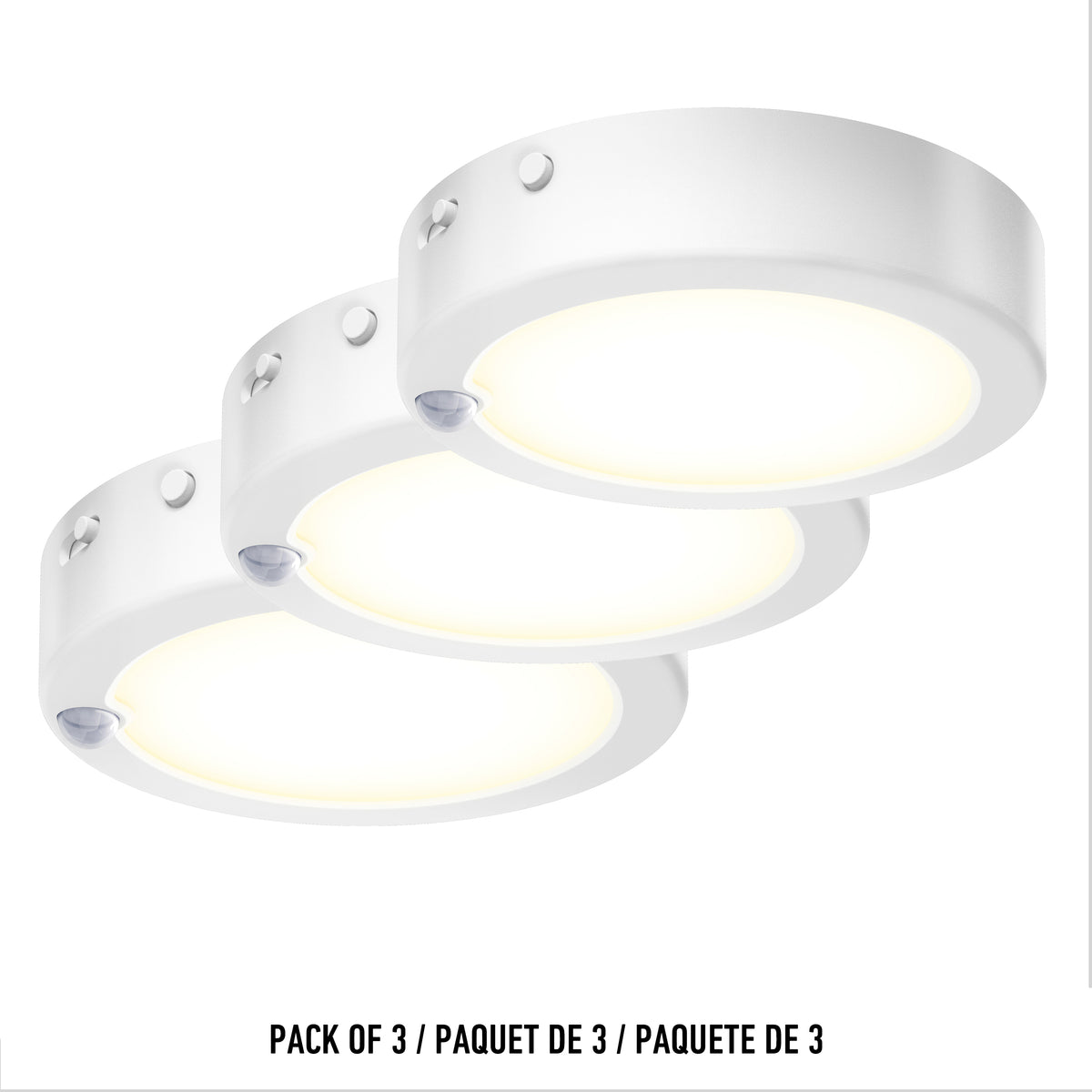 Three round, white LED puck lights are shown in a row on a white background. The set is labeled Pack of 3 / Paquet de 3 in English, French, and Spanish at the bottom of the image.