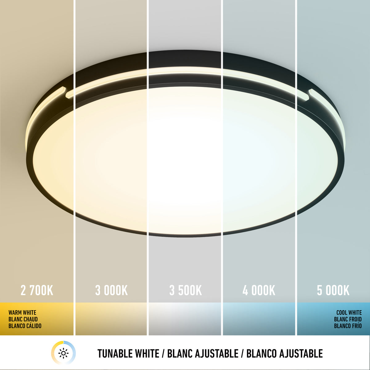 A round ceiling light is shown with five light color temperatures, ranging from warm white (2700K) on the left to cool white (5000K) on the right. Each segment displays a different white hue and its Kelvin value.
