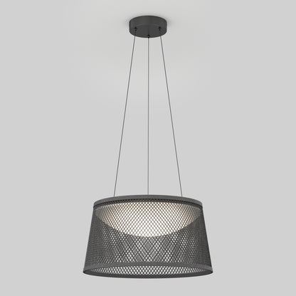 The Artika Adrian LED pendant light 3 CCT features a black mesh lampshade suspended by three thin wires, casting soft white light against a plain gray background.