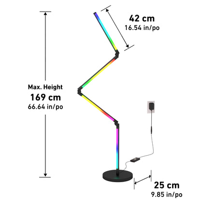 The Artika Fitch smart foldable RGB LED gaming floor lamp features a zigzag design, round base, max height of 169 cm (66.64 in), width of 25 cm (9.85 in), and segment length of 42 cm (16.54 in). The lamp is plugged into a wall outlet.
