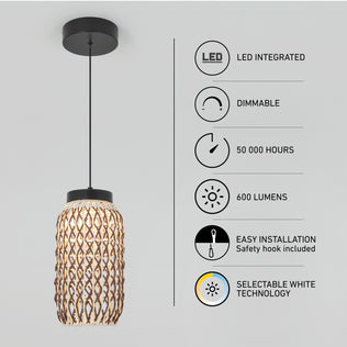 The Artika Benson Mini LED pendant light 5 CCT is shown with icons and text highlighting its features: LED integrated, dimmable, 50,000-hour lifespan, 600 lumens, easy installation, rattan weave shade, and selectable white technology.