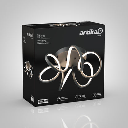 The Artika Swirl Ribbon flush mount light box features a modern ribbon-shaped LED fixture with a soft white glow, showcasing key features like 50,000-hour lifespan and 1,400 lumens on the packaging.