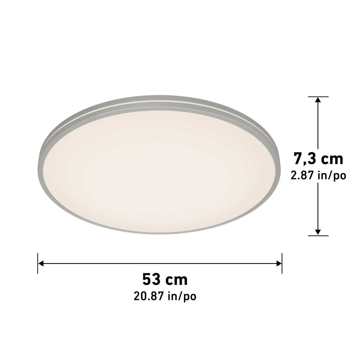 Round ceiling light with a white surface and gray trim, measuring 53 cm (20.87 in) in diameter and 7.3 cm (2.87 in) in height, with arrows and text indicating the dimensions.