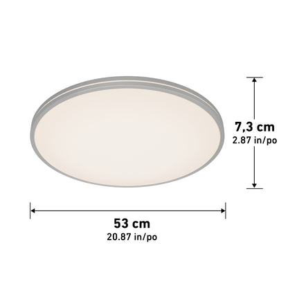 The Artika Athos 21 in. LED flush mount ceiling light features a white finish with gray trim, measures 53 cm (20.87 in) in diameter and 7.3 cm (2.87 in) high, and comes with a remote control; measurements are labeled.