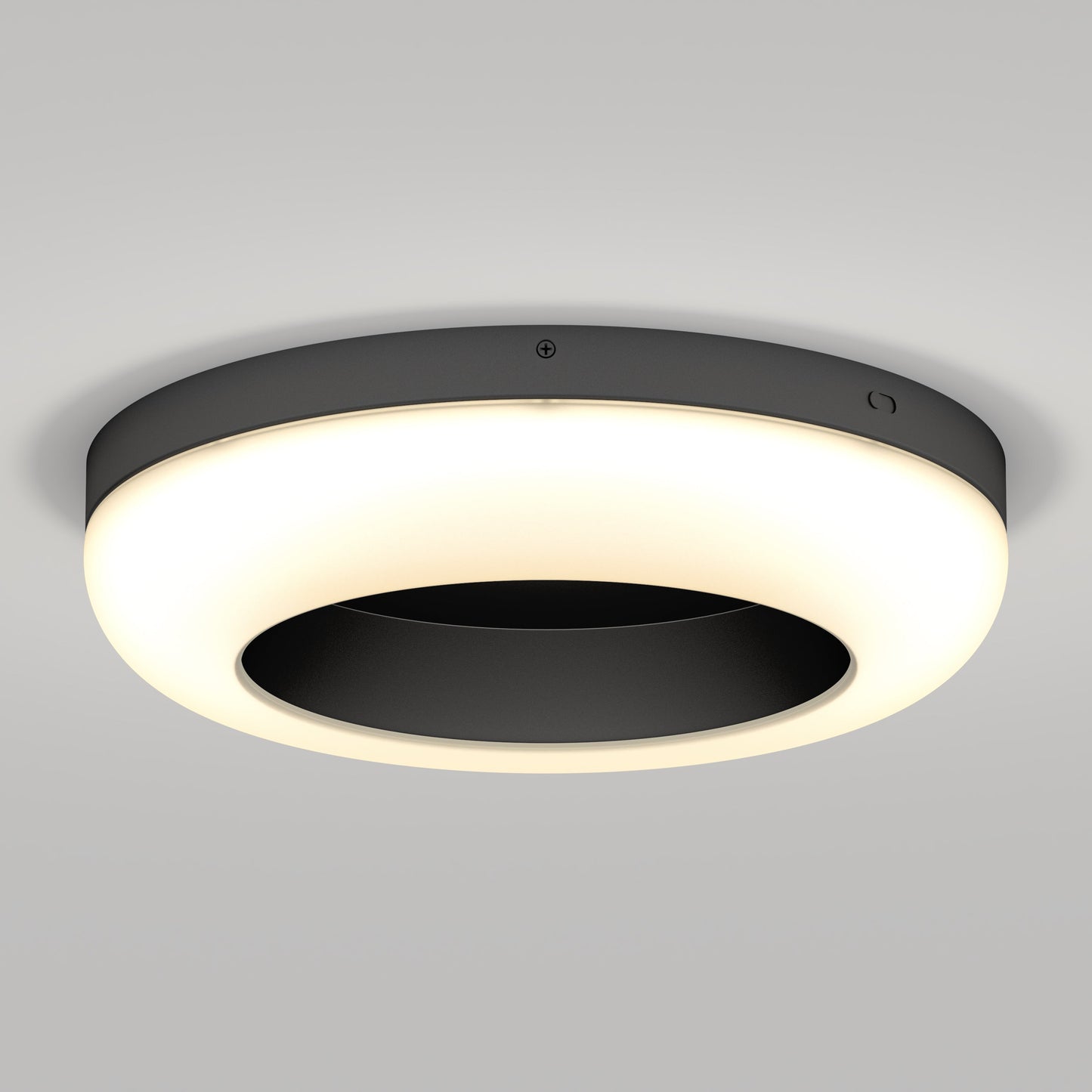 The Artika-CAN-dev Louka 15 in. modern LED flush mount light features a black center and glowing white ring for a striking halo effect on light gray ceilings, with adjustable brightness and 5 CCT options to set the perfect mood in any room.