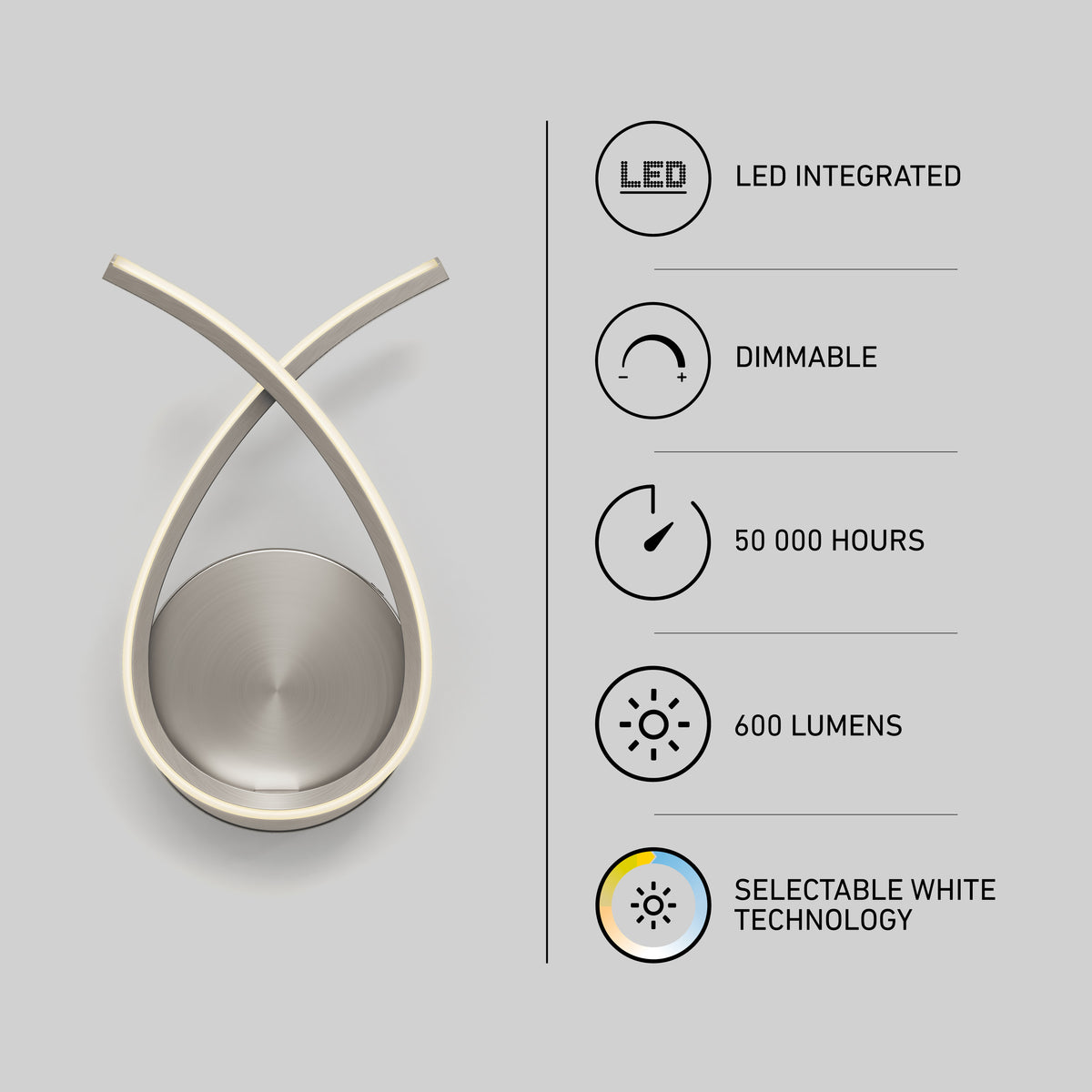 Modern LED wall light with a loop design and brushed metal base. Features listed: LED integrated, dimmable, 50,000 hours lifespan, 600 lumens brightness, and selectable white technology.