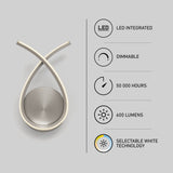 Modern LED wall light with a loop design and brushed metal base. Features listed: LED integrated, dimmable, 50,000 hours lifespan, 600 lumens brightness, and selectable white technology.