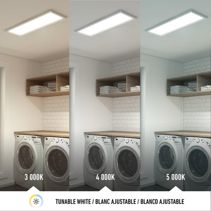 Split image of a laundry room lit by the Artika Sunray ultra thin LED light panel 3 CCT, showing warm white (3000K), neutral white (4000K), and cool white (5000K) to illustrate tunable light color temperatures.