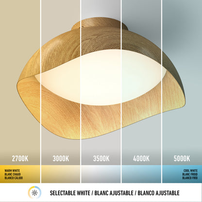 Adara 15 in. (38 cm) Modern LED Flush Mount Ceiling Light 5 CCT with a curved wood-look shade and five selectable color temperature settings.