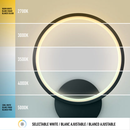 The Artika Solis modern LED indoor-outdoor wall light 5 CCT offers adjustable white light temperatures from warm 2700K to cool 5000K, with color gradients and labeled options at 2700K, 3000K, 3500K, 4000K, and 5000K.
