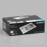 A rectangular box for the Artika Newport 33 kitchen sink, featuring images of the stainless steel double sink on the packaging, brand logo, and product details on a black and gray background.