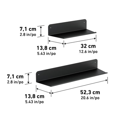 The Artika Sonokit set includes two black wall shelves for Sonolok and Sonofold panels: one 32x13.8x7.1 cm, the other 52.3x13.8x7.1 cm—perfect for quick installation and stylish organization.