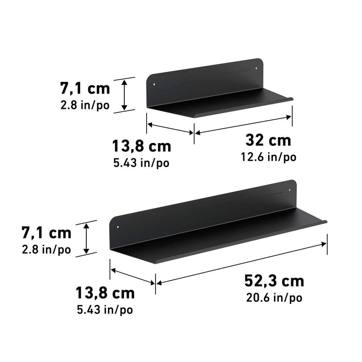 Two black wall shelves of different lengths with measurements shown. The smaller shelf is 32 cm (12.6 in) long, the larger is 52.3 cm (20.6 in). Both are 7.1 cm (2.8 in) high and 13.8 cm (5.43 in) deep.