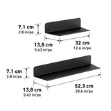 Two black wall shelves of different lengths with measurements shown. The smaller shelf is 32 cm (12.6 in) long, the larger is 52.3 cm (20.6 in). Both are 7.1 cm (2.8 in) high and 13.8 cm (5.43 in) deep.