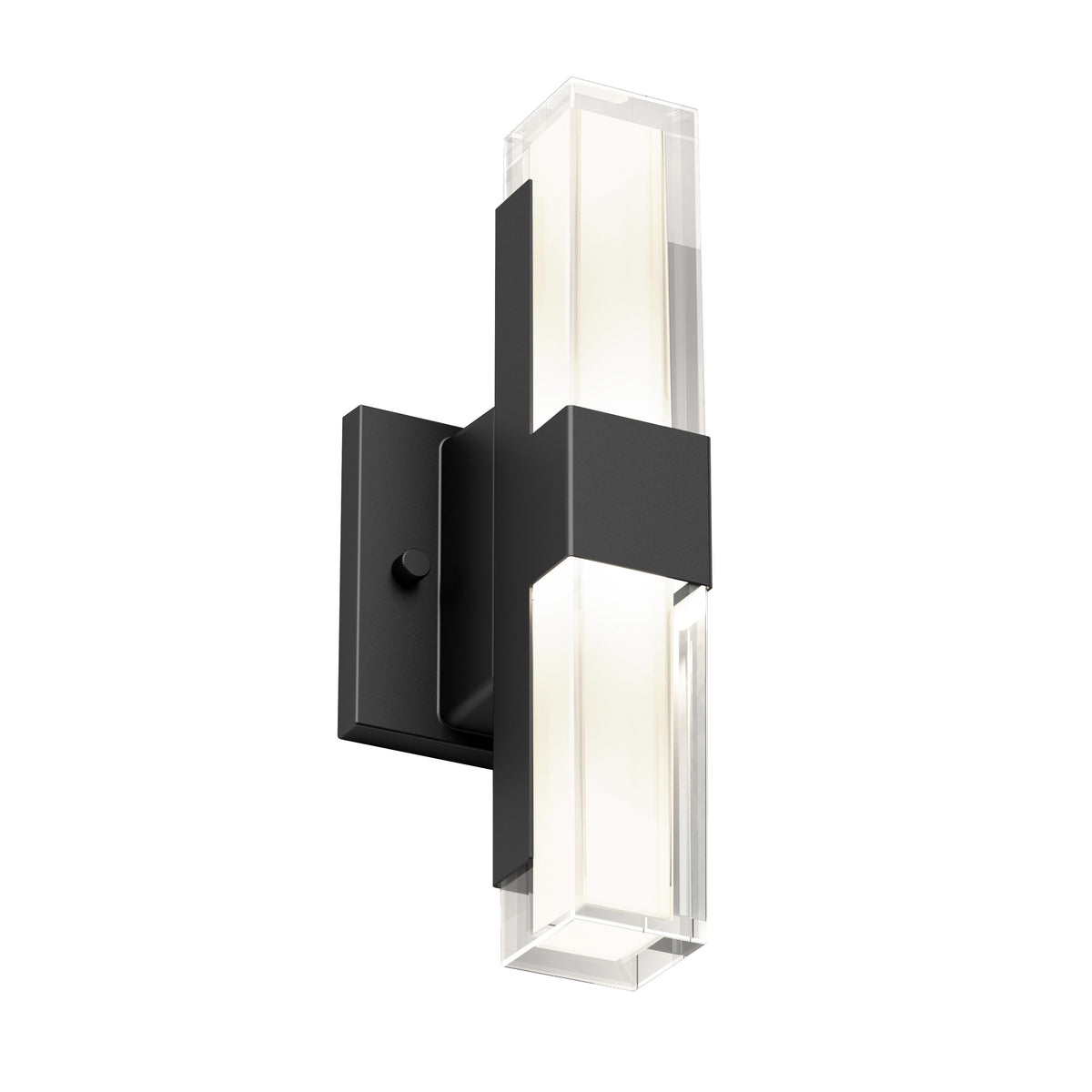 The Gemini indoor-outdoor LED wall light by Artika features a modern black rectangular base with two vertical frosted glass bars, emitting light from both ends.