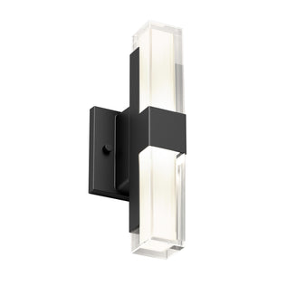 The Gemini indoor-outdoor LED wall light by Artika features a modern black rectangular base with two vertical frosted glass bars, emitting light from both ends.