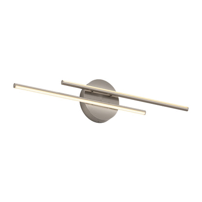 The Cisco modern LED bathroom vanity light 5 CCT by Artika features two slim, parallel horizontal LED bars on a round metallic base, showcased against a white background.