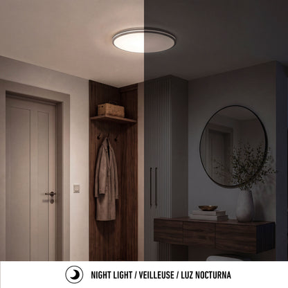 A hallway lit by the Artika GLOW 30″ LED Flush Mount Ceiling Light with remote, above a coat rack and mirror, shows bright and night modes.