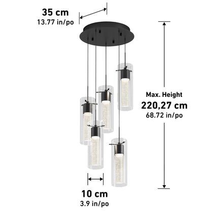 The Artika Essence 5-light LED pendant features five cylindrical glass lights hung at varying heights from a black round ceiling mount. Dimensions: 35 cm (width), 10 cm (pendant width), max height 220.27 cm. Measurements in cm and inches.