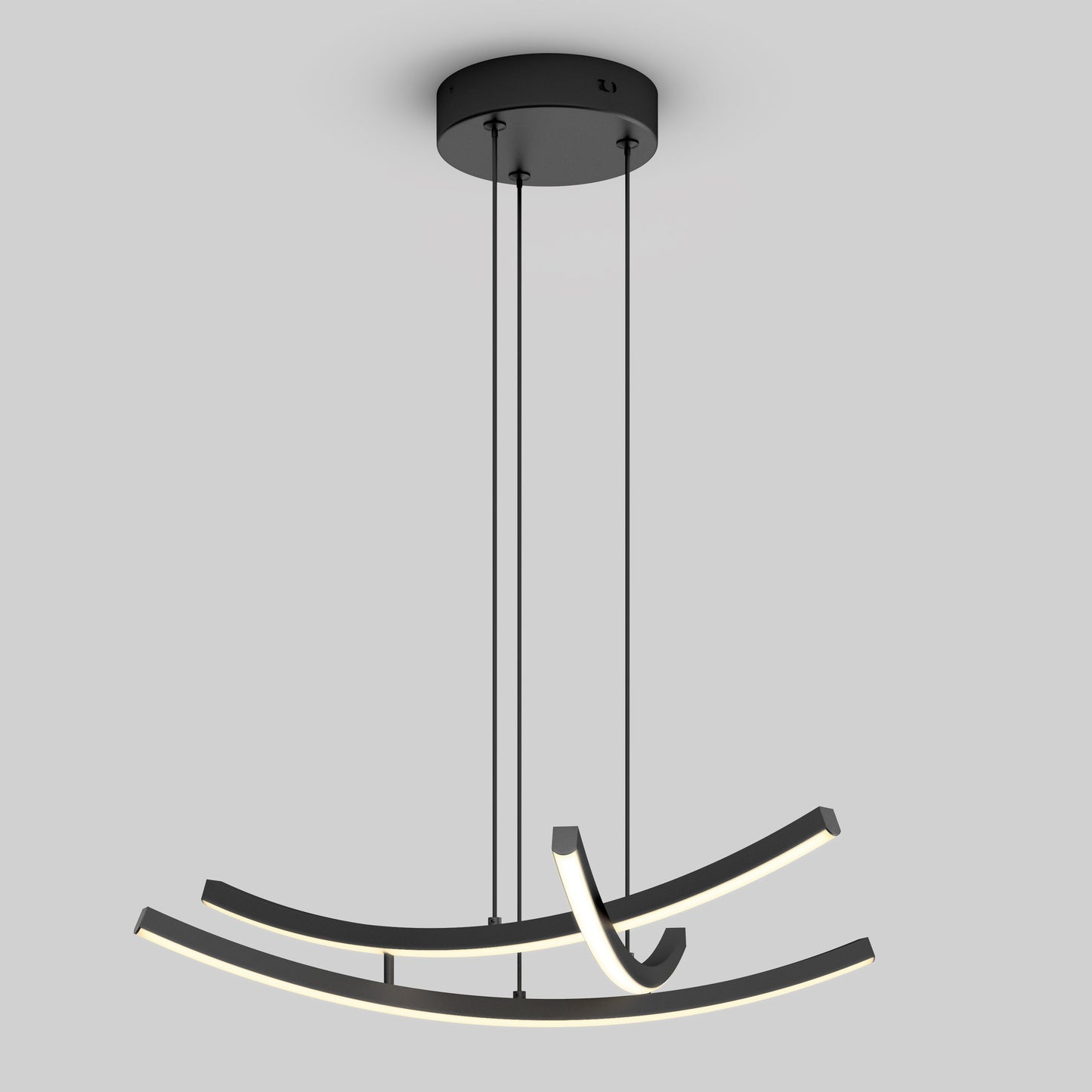The Orly modern LED pendant light 5 CCT by Artika-CAN-dev features three curved LED bars suspended from a round black base by four cords, shown against a plain light gray background.