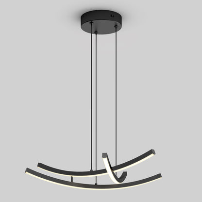 The Orly modern LED pendant light 5 CCT by Artika features three curved, illuminated black bars hanging from a round ceiling mount with four cords, displayed against a plain light gray background.