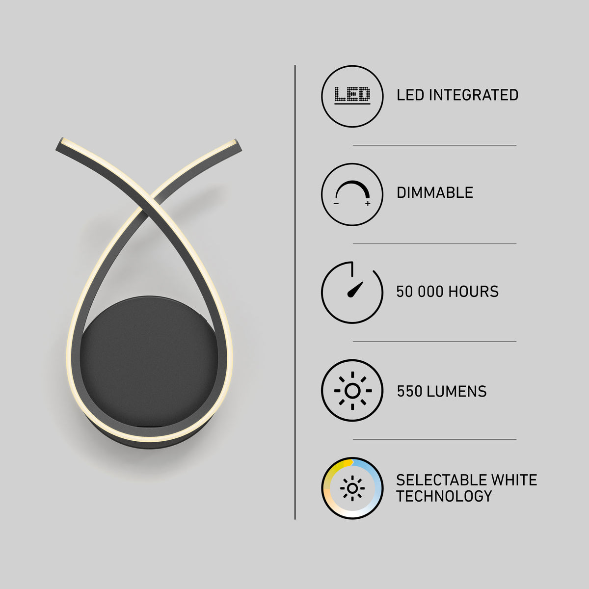 A modern loop-shaped LED wall light, shown next to icons and text highlighting its features: LED integrated, dimmable, 50,000 hours lifespan, 550 lumens brightness, and selectable white technology.