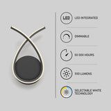 A modern loop-shaped LED wall light, shown next to icons and text highlighting its features: LED integrated, dimmable, 50,000 hours lifespan, 550 lumens brightness, and selectable white technology.