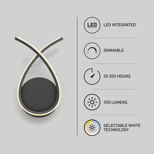 Gamma modern LED wall sconce 5 CCT by Artika features a left loop design; right-side icons and text show LED integrated, dimmable, 50,000-hour lifespan, 550 lumens, and selectable white technology.