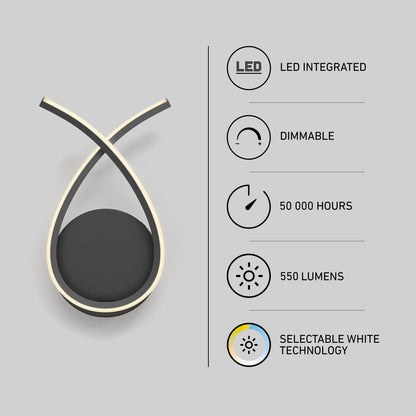 Gamma modern LED wall sconce 5 CCT by Artika features a left loop design; right-side icons and text show LED integrated, dimmable, 50,000-hour lifespan, 550 lumens, and selectable white technology.