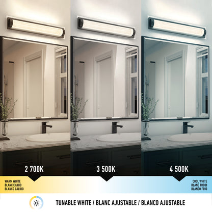 The Artika Glamour LED bathroom vanity light 3 CCT is displayed with a mirror under 2700K warm white, 3500K neutral white, and 4500K cool white, showing how the light color and ambiance vary with each temperature.