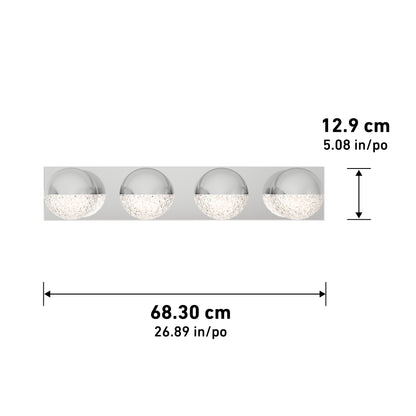 The Artika Carat LED bathroom vanity light is a modern wall-mounted fixture with four glass globes on a rectangular base, measuring 68.3 cm wide and 12.9 cm tall.