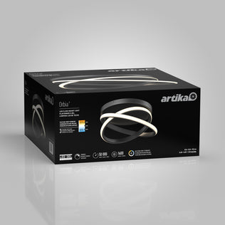 A black box displays the Artika Orbia modern LED flush mount light 3 CCT, featuring an intertwined circular design, product features, specs, and branding set against a light gray background.