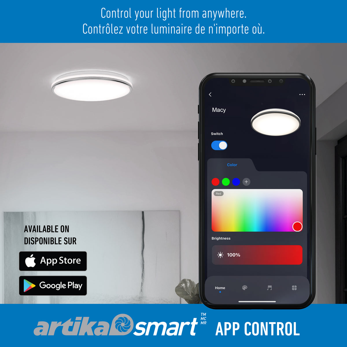 A smartphone displays an app interface for controlling a ceiling light, showing color and brightness options. The ceiling light is on in a modern room. App Store and Google Play icons appear at the bottom.